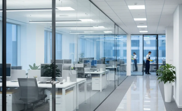 Open-plan office with tidy desks and streak-free glass partitions